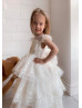 Cap Sleeves Ivory Lace Tulle Cupcake Flower Girl Dress